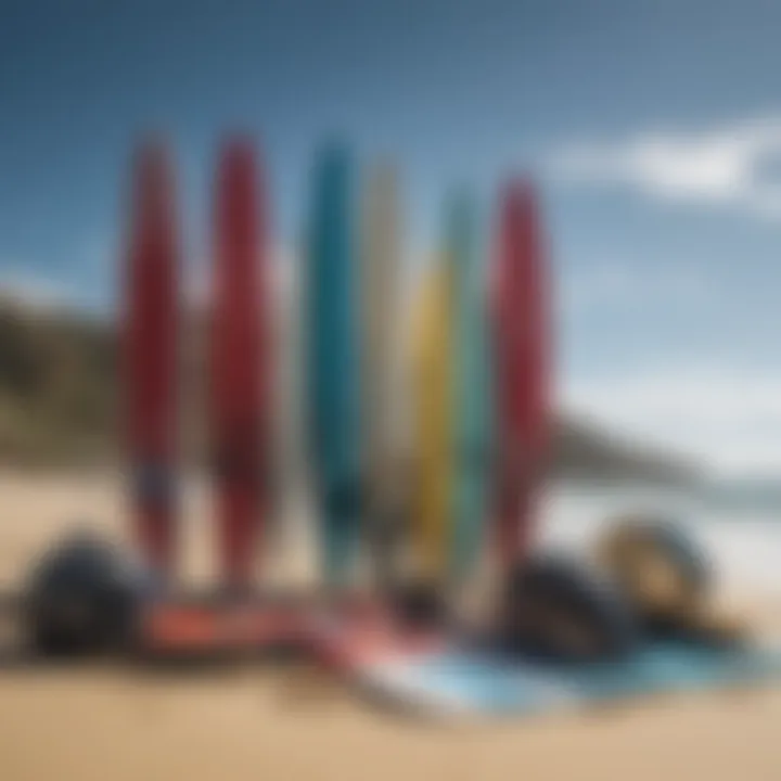 A diverse lineup of surf gear displayed on a sandy beach