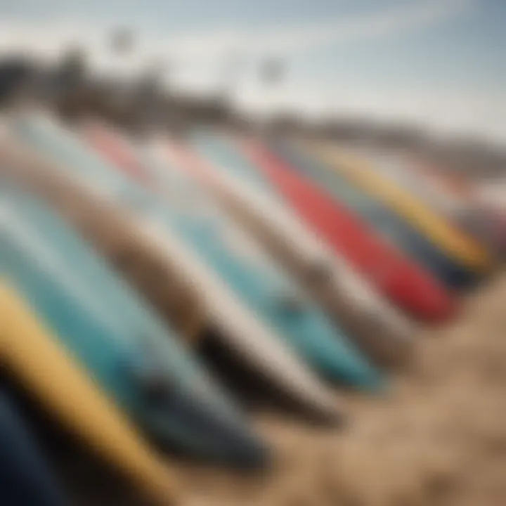 A close-up shot of surfboards lined up on the sand, symbolizing the surfing culture in Huntington Beach.