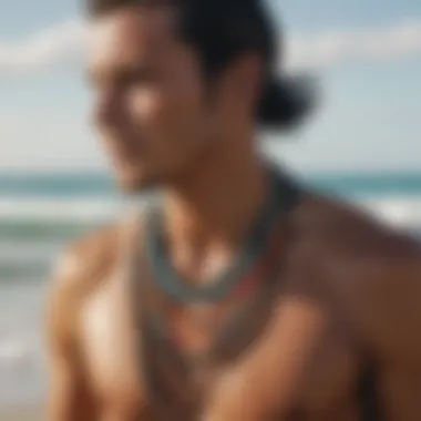Surfers Wearing Cultural Necklaces Surfers wearing necklaces made from culturally significant beads at the beach