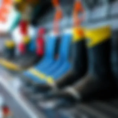 Surfing booties designed for different water conditions on display