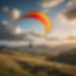 A vibrant light wind kite soaring in the sky with a picturesque landscape in the background.