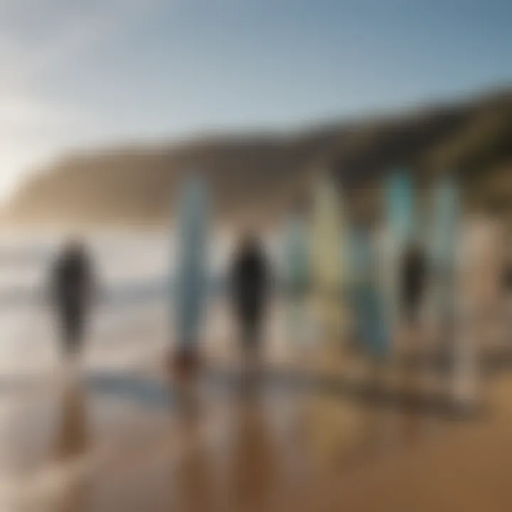 Group of surfers showcasing their Ben Gravy surfboards on the beach