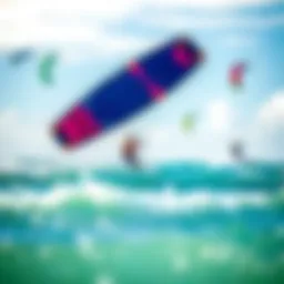 A vibrant kite surfing scene with colorful kites soaring above the ocean waves