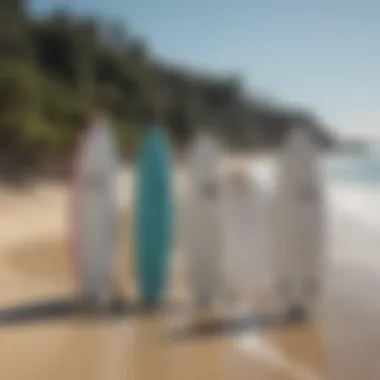 A serene beach scene with soft top surfboards lined up