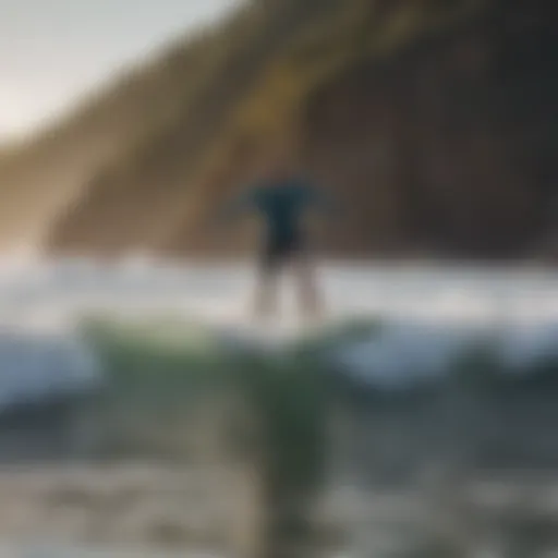 A beginner surfer riding a wave on a soft top surfboard