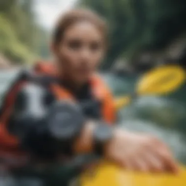 Athlete wearing a waterproof watch while kayaking