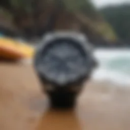 Stylish waterproof watch on a surfboard