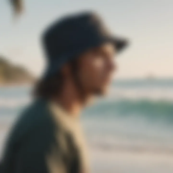 A surfer wearing a stylish Billabong surf bucket hat on the beach.