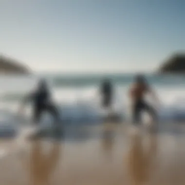 A scenic view of surfers enjoying the waves while wearing bucket hats.