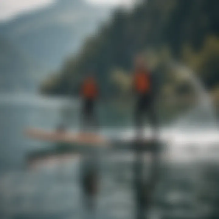 Diverse group of enthusiasts enjoying hydro foiling on a picturesque lake.