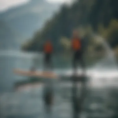 Hydro Foiling Enthusiasts on a Picturesque Lake Diverse group of enthusiasts enjoying hydro foiling on a picturesque lake.