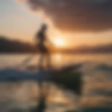 Effortless Glide of Hydro Foil Board at Sunset A hydro foil board gliding effortlessly above the water surface during a sunset.