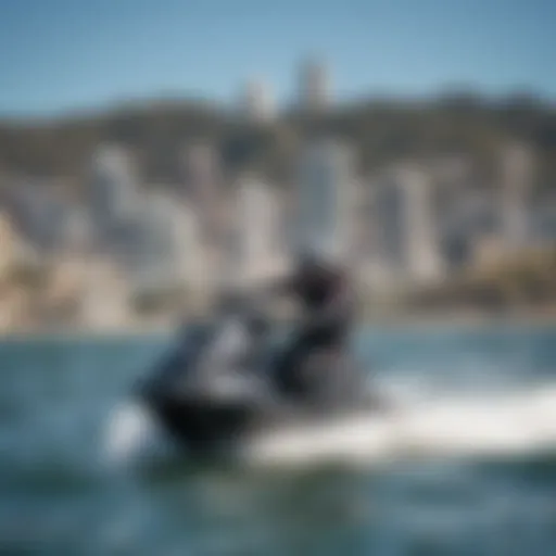 A breathtaking view of San Francisco Bay with jet skiers in action.