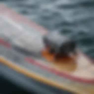 Close-up of a surfboard's motorized system, highlighting the intricate design and components