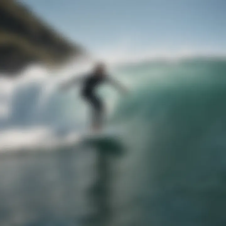 A surfer riding a wave with a motorized surfboard, demonstrating enhanced performance