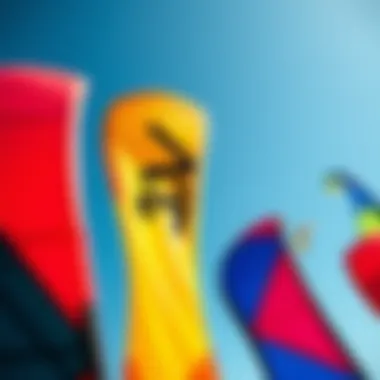 Vibrant kiteboarding kites displayed against a clear blue sky