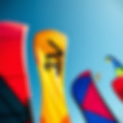 Vibrant kiteboarding kites displayed against a clear blue sky