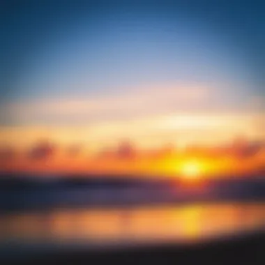 A panoramic view of Roxy Beach at sunset with silhouettes of surfers