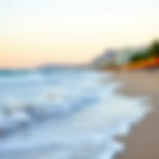 Waves crashing on the shore with vibrant beach umbrellas