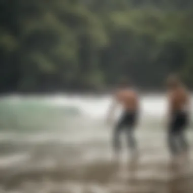 A group of surfers participating in a lesson at a surf school