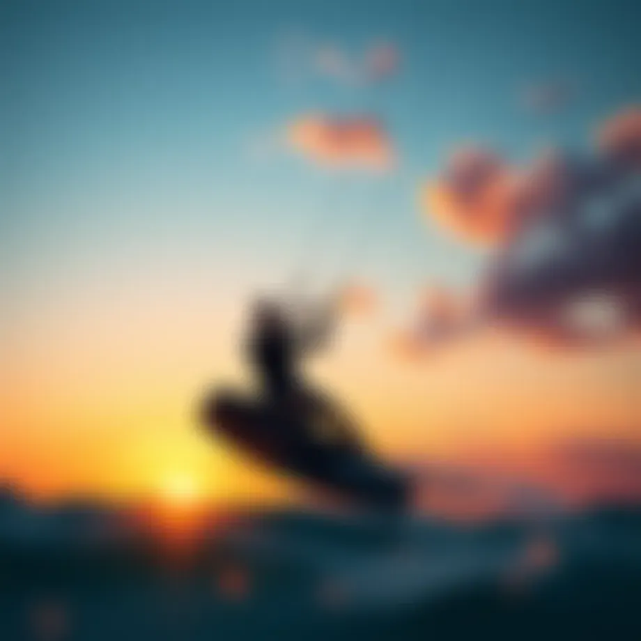 A thrilling moment of kitesurfing with a vivid sunset backdrop