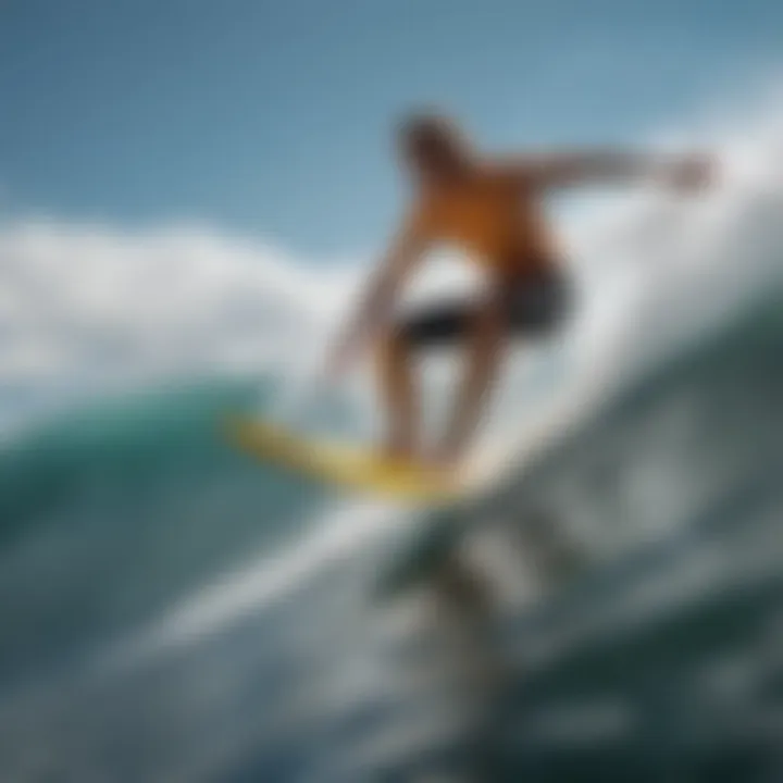 An action shot of a surfer riding a wave on a fiberglass board, demonstrating agility and performance.