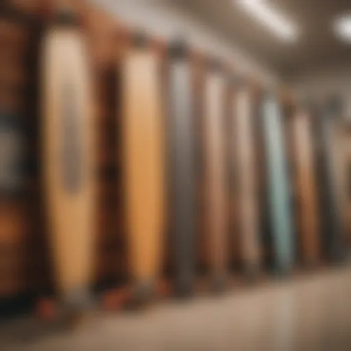 A variety of longboards displayed in a store