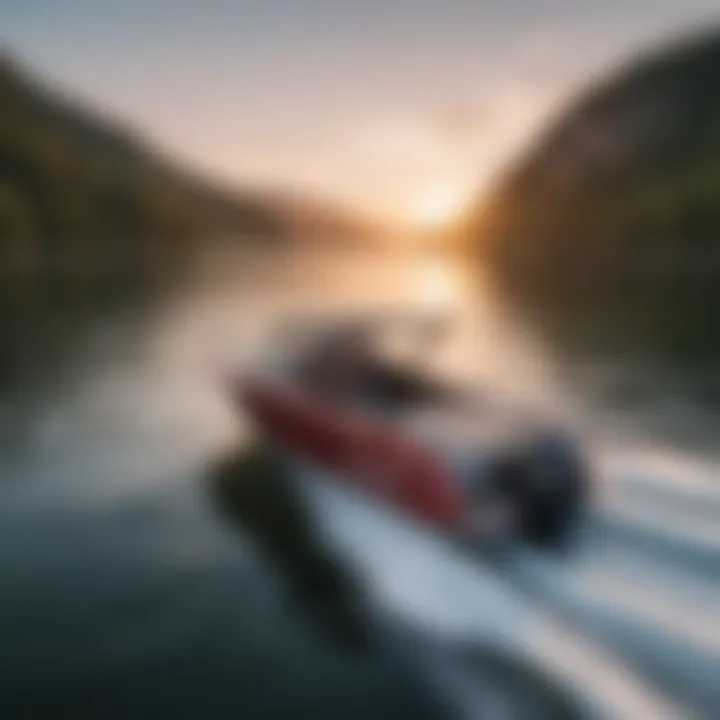 A serene view of a powerful motorboat cruising on a lake at sunset