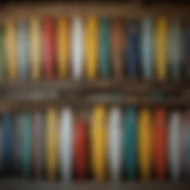 A selection of short foam surfboards displayed in a shop