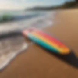 A vibrant short foam surfboard on a sandy beach