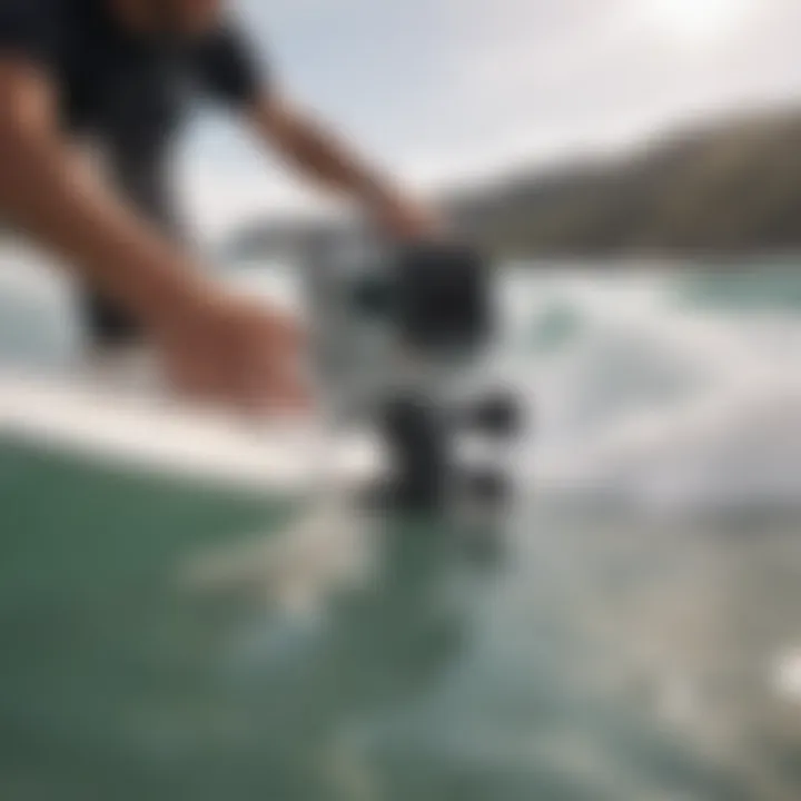 Demonstration of installing a GoPro mount on a surfboard