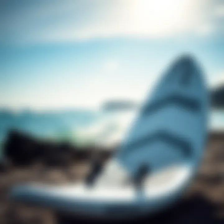 A Beautiful Used SUP Foil Board A pristine used SUP foil board displayed against a scenic beach backdrop