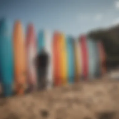 A surfer checking out various used Surftech surfboard models