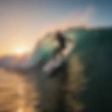 A breathtaking view of a surfer catching a wave at sunset