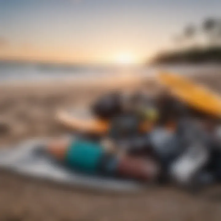 A collection of essential surfing equipment laid out on the beach