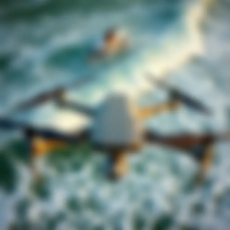 Aerial view of a drone capturing surfers riding waves