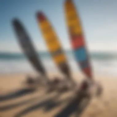 Different types of kite boards displayed on the beach