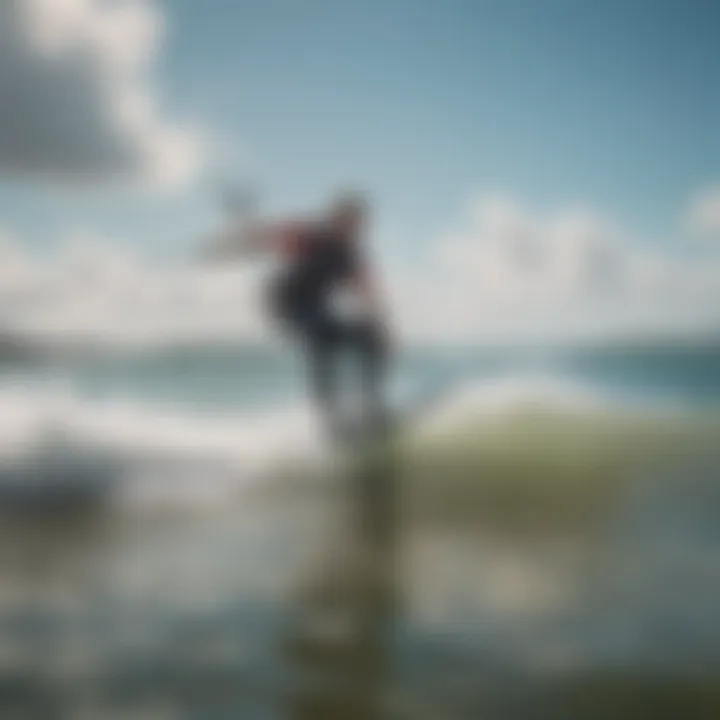 A kite surfer navigating varied water conditions