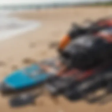 A close-up of kiteboarding equipment laid out on the beach, highlighting essential gear.