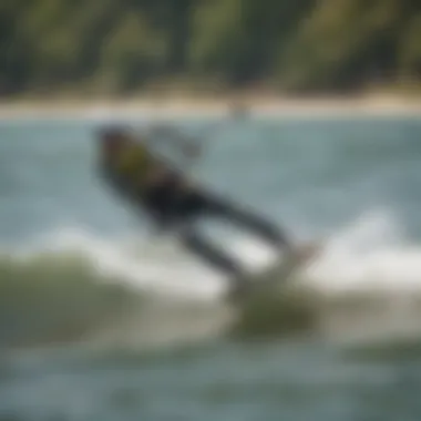 A kiteboarder skillfully maneuvering through the waves on a sunny day.