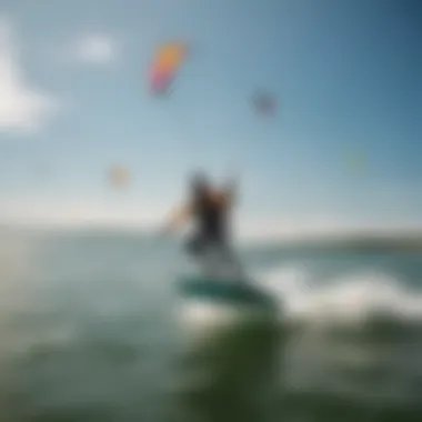 A vibrant kiteboarding scene on Lake Michigan with colorful kites soaring above the water.