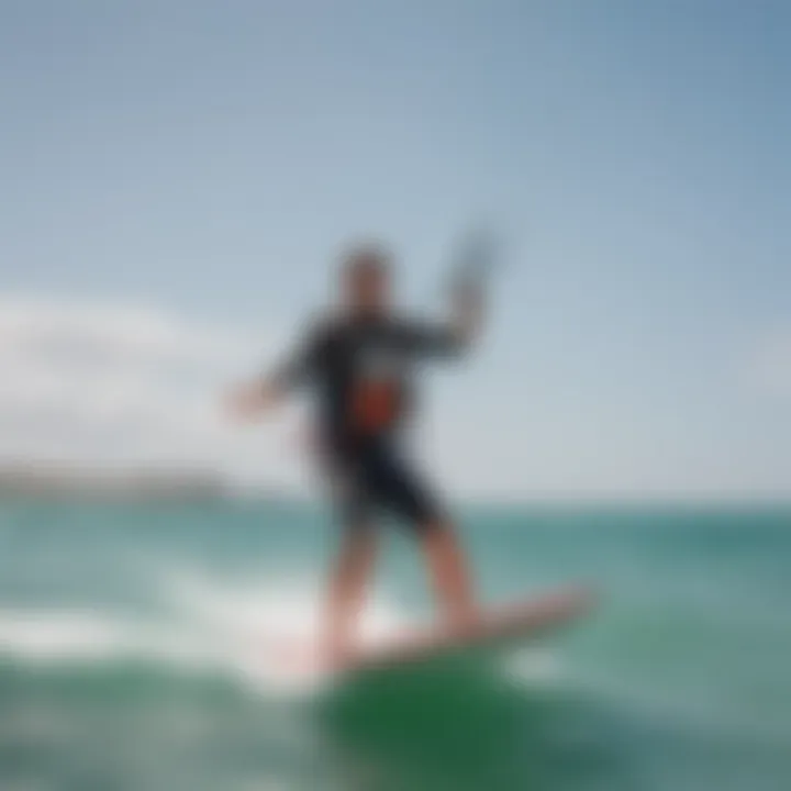 A kitesurfing lesson taking place with an instructor and student on the water