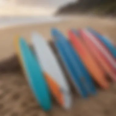 Close-up of surfboards lined up on the beach