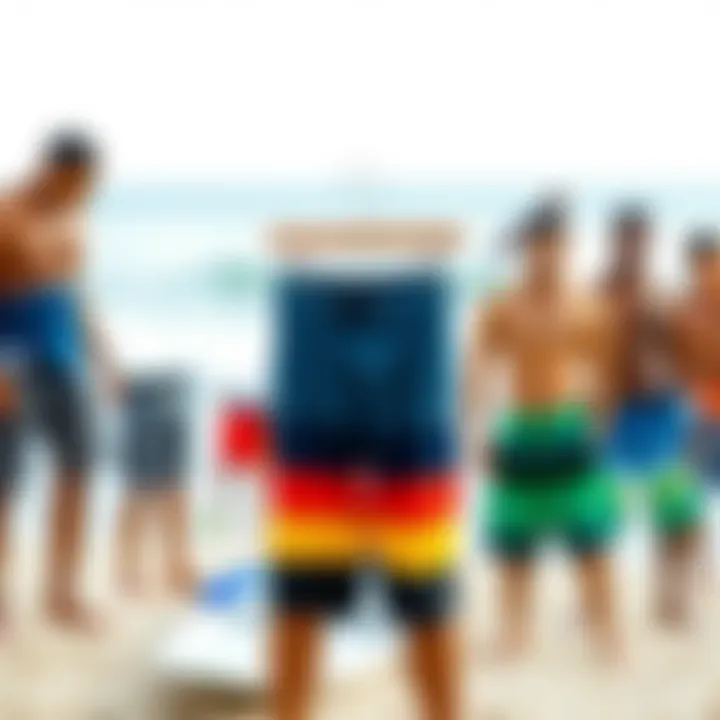 Variety of O'Neill board shorts styles displayed on a beach setting