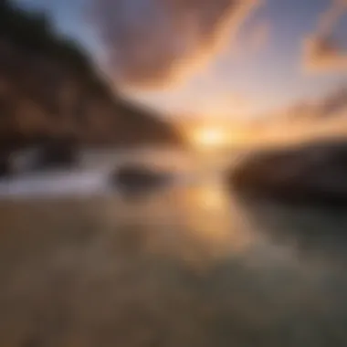 A panoramic view of a beautiful coastline taken with a GoPro during sunset.