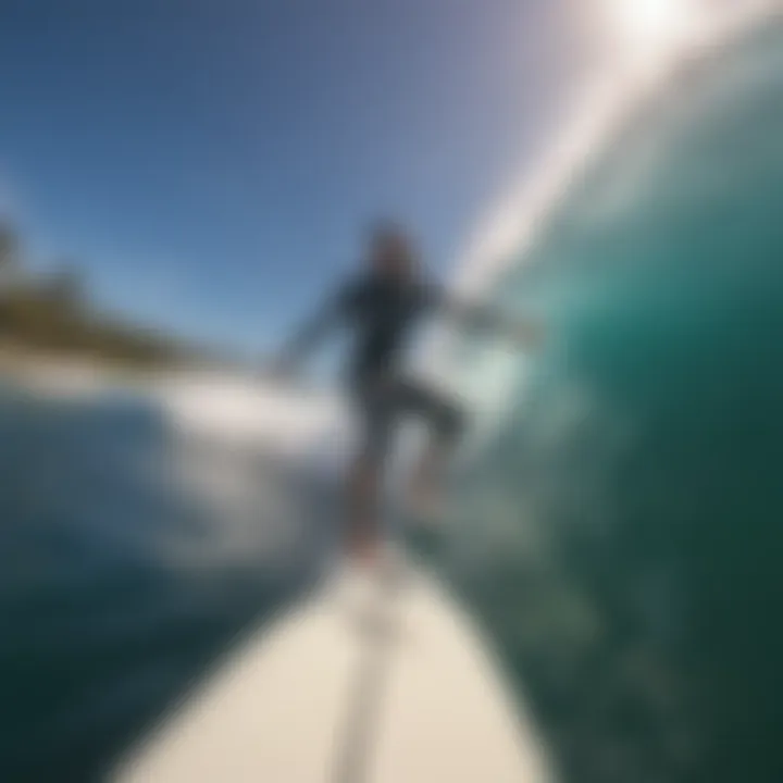 A GoPro mounted on a surfboard capturing the exhilarating moment of riding a wave.