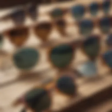 A display of various Otis sunglasses models arranged on a wooden surface, reflecting the brand's heritage.