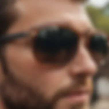 Close-up of Otis sunglasses lenses demonstrating advanced UV protection technology.