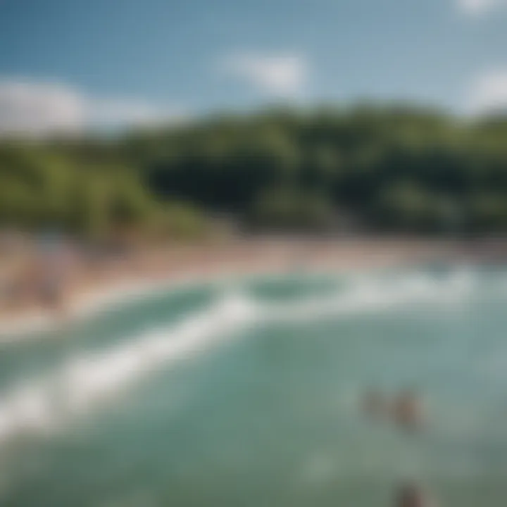 A panoramic view of Pittsburgh's wave pool showcasing surf enthusiasts riding waves.