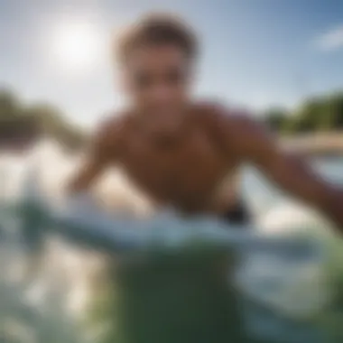 Close-up of a surfer catching a wave, demonstrating skill and excitement.